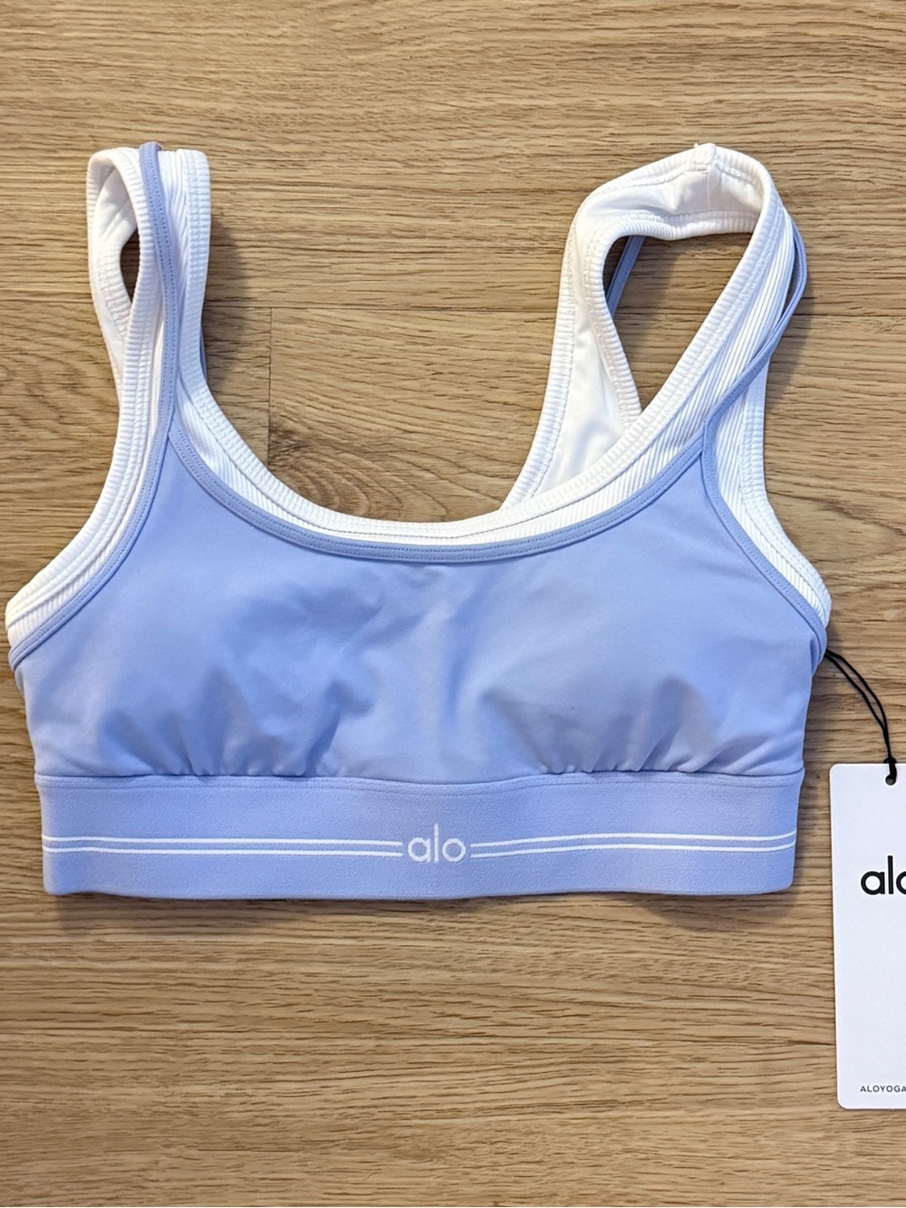 Alo Yoga Airbrush Better Together Bra in Light Provence Blue/ White size S *NWT